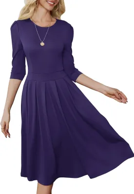 Yajedo Womens Casual Midi Dress Fashion 3/4 Sleeve A Line Crew Neck Flowy Swing Trendy Dress