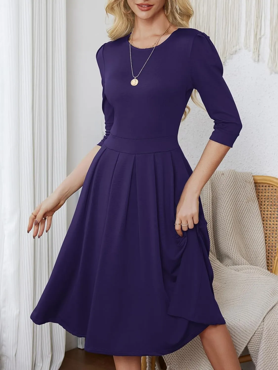 Yajedo Womens Casual Midi Dress Fashion 3/4 Sleeve A Line Crew Neck Flowy Swing Trendy Dress