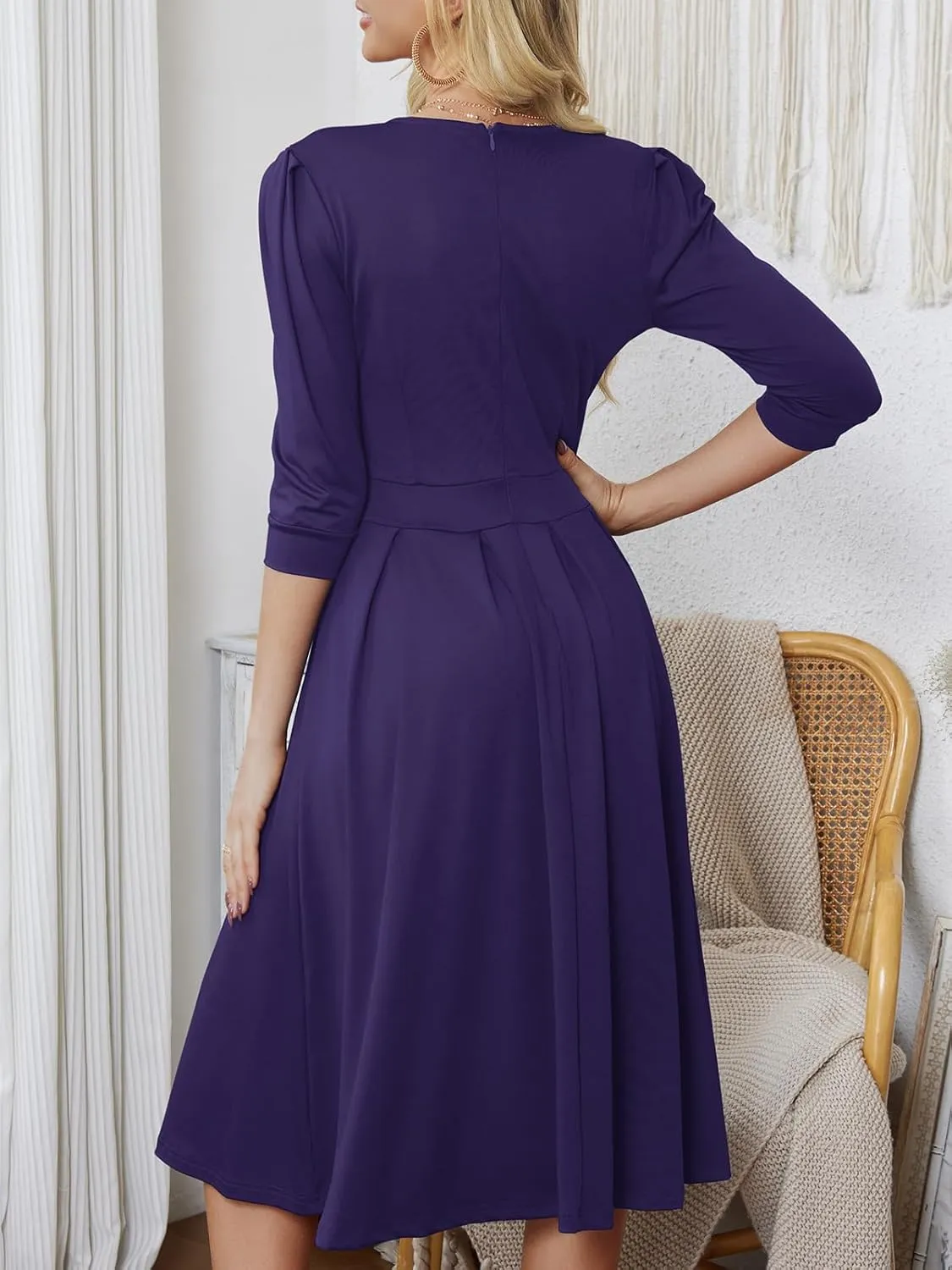 Yajedo Womens Casual Midi Dress Fashion 3/4 Sleeve A Line Crew Neck Flowy Swing Trendy Dress