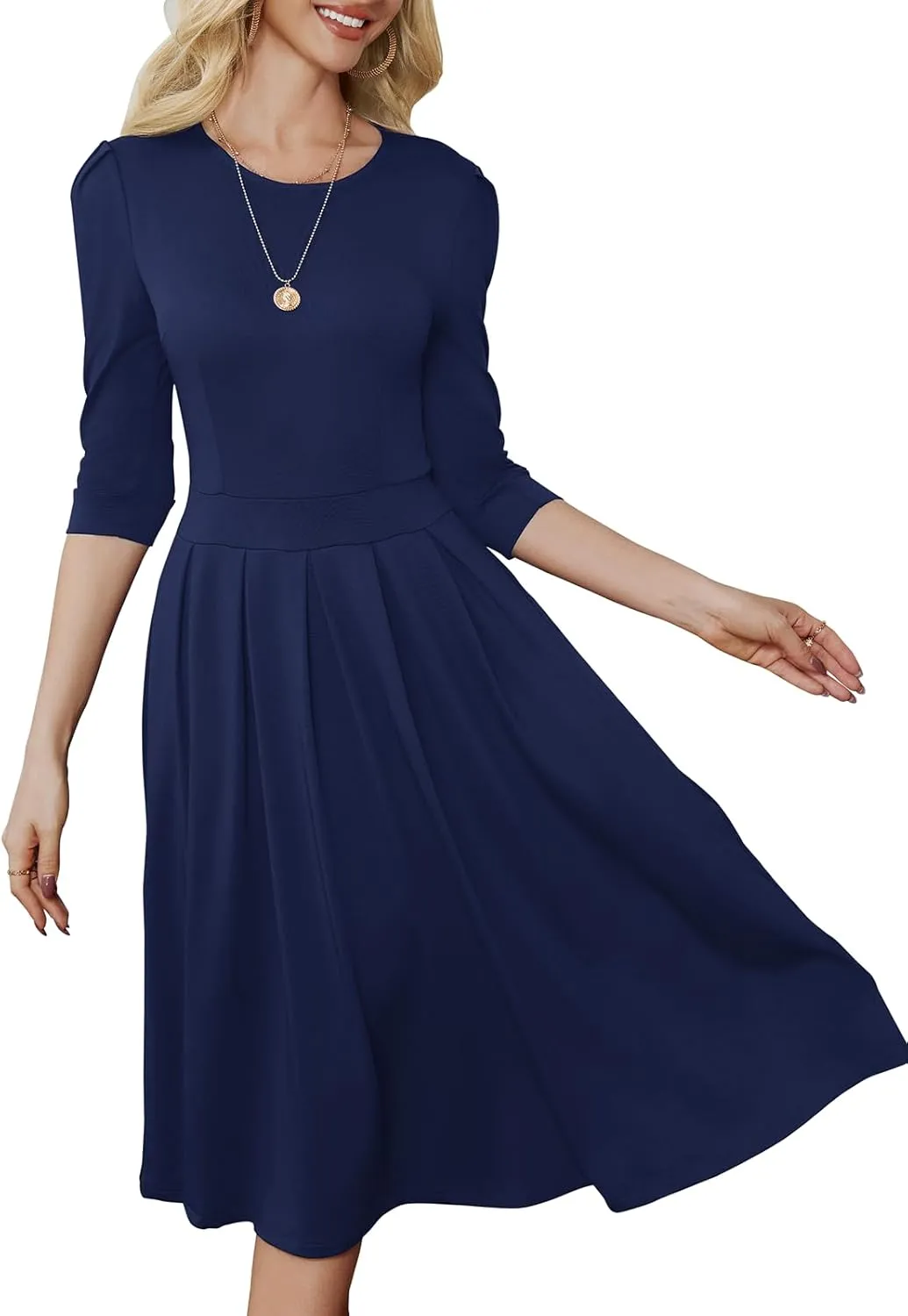 Yajedo Womens Casual Midi Dress Fashion 3/4 Sleeve A Line Crew Neck Flowy Swing Trendy Dress
