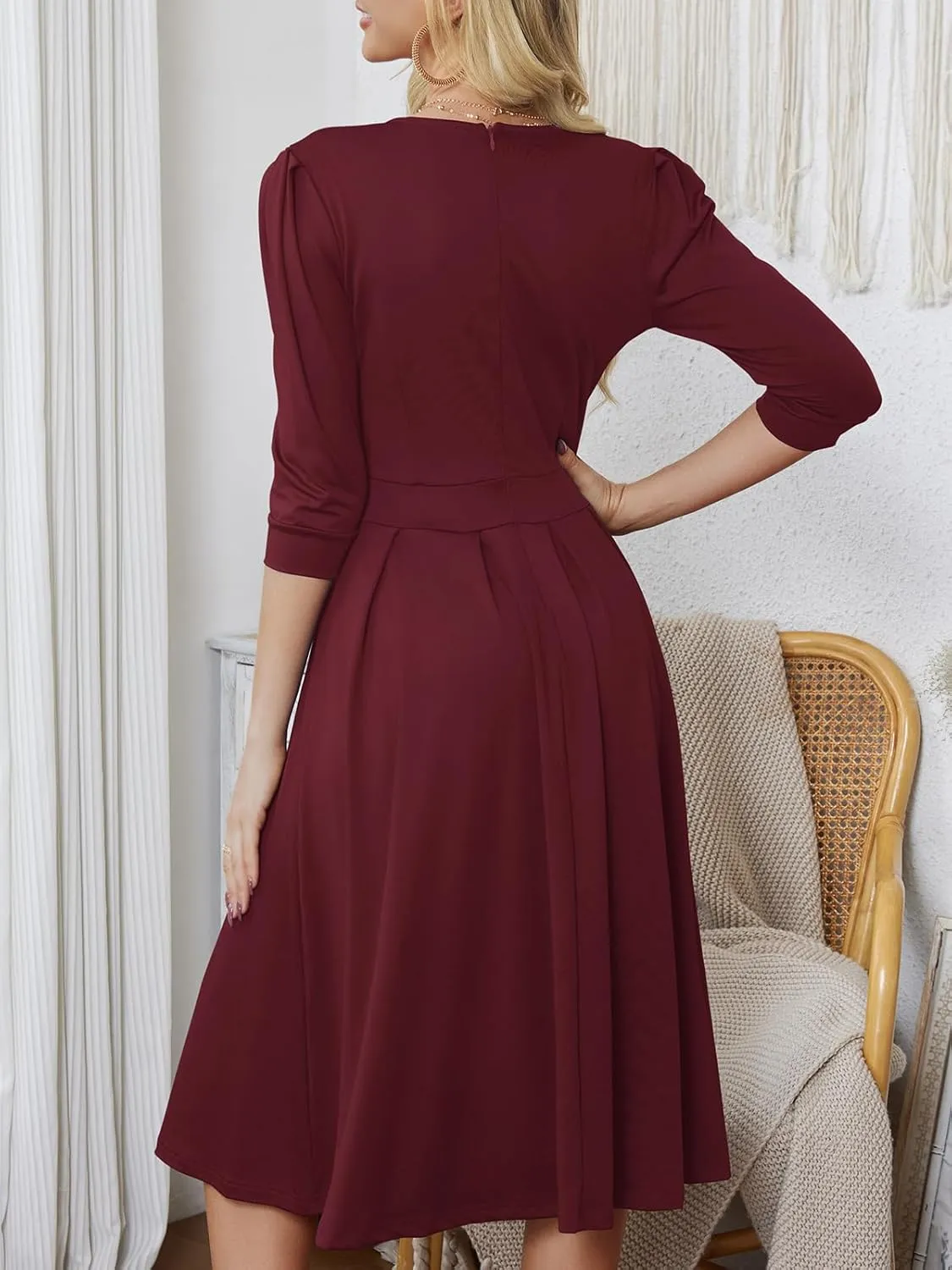 Yajedo Womens Casual Midi Dress Fashion 3/4 Sleeve A Line Crew Neck Flowy Swing Trendy Dress