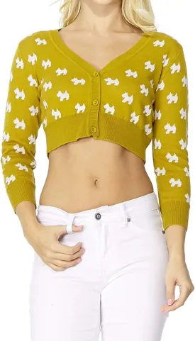 YEMAK Women's Knit Cardigan Sweater  3/4 Sleeve Button Down Crewneck Cute Cat Dog Pattern Casual Lightweight Knitted Top