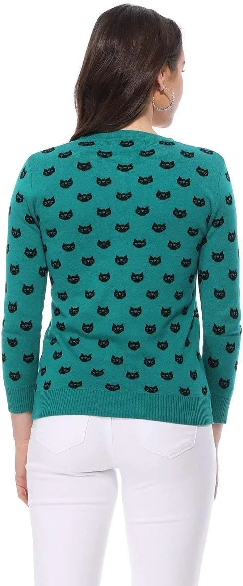 YEMAK Women's Knit Cardigan Sweater  3/4 Sleeve Button Down Crewneck Cute Cat Dog Pattern Casual Lightweight Knitted Top
