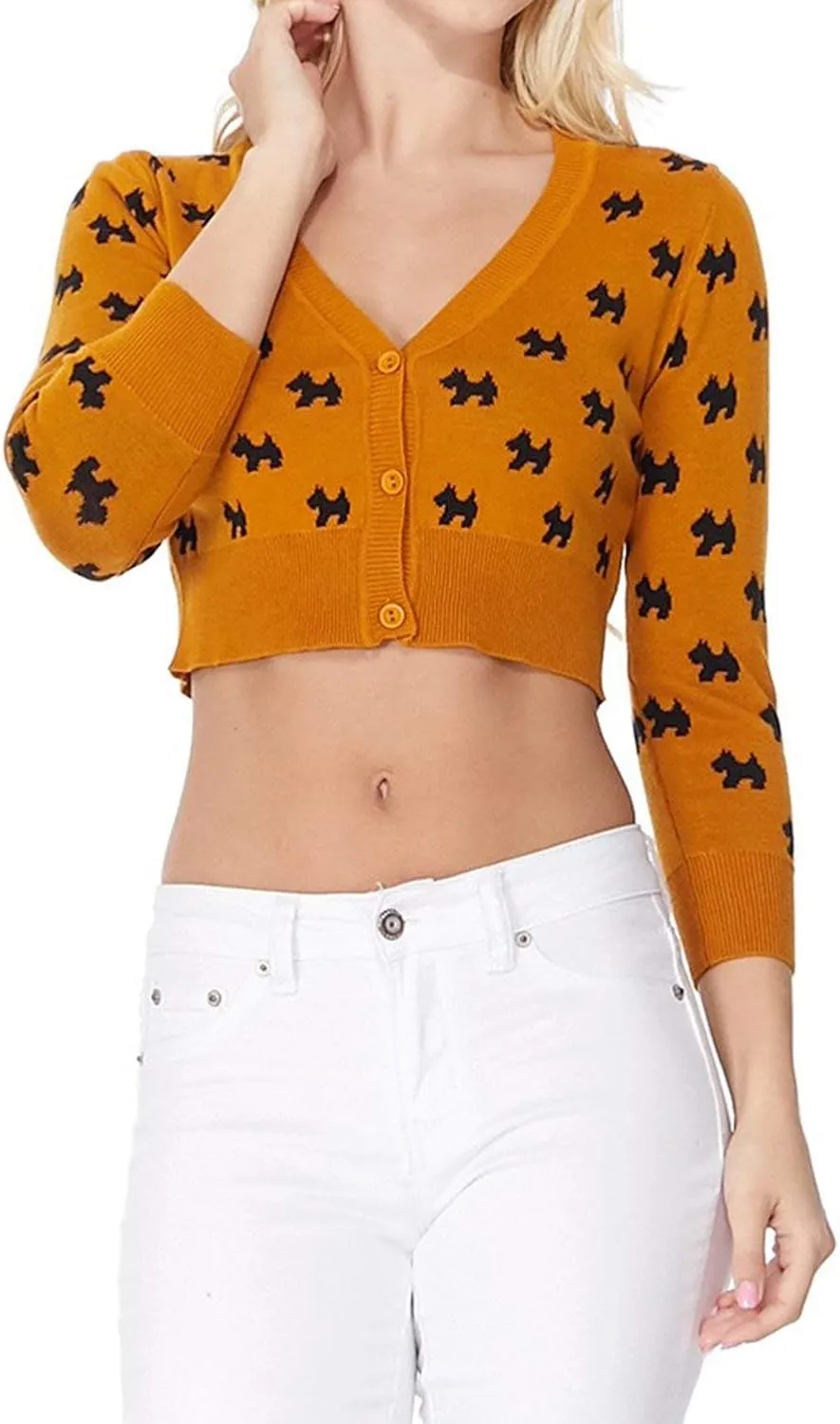 YEMAK Women's Knit Cardigan Sweater  3/4 Sleeve Button Down Crewneck Cute Cat Dog Pattern Casual Lightweight Knitted Top
