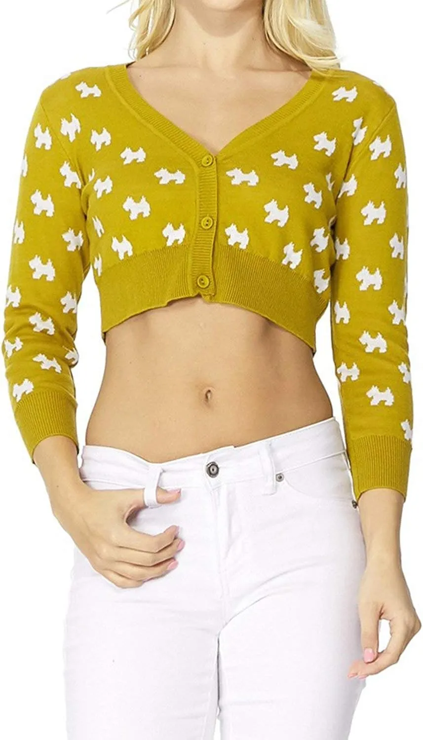 YEMAK Women's Knit Cardigan Sweater  3/4 Sleeve Button Down Crewneck Cute Cat Dog Pattern Casual Lightweight Knitted Top