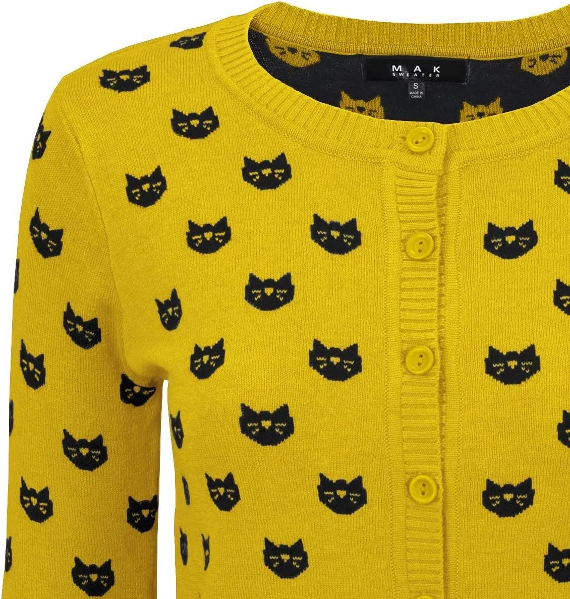 YEMAK Women's Knit Cardigan Sweater  3/4 Sleeve Button Down Crewneck Cute Cat Dog Pattern Casual Lightweight Knitted Top