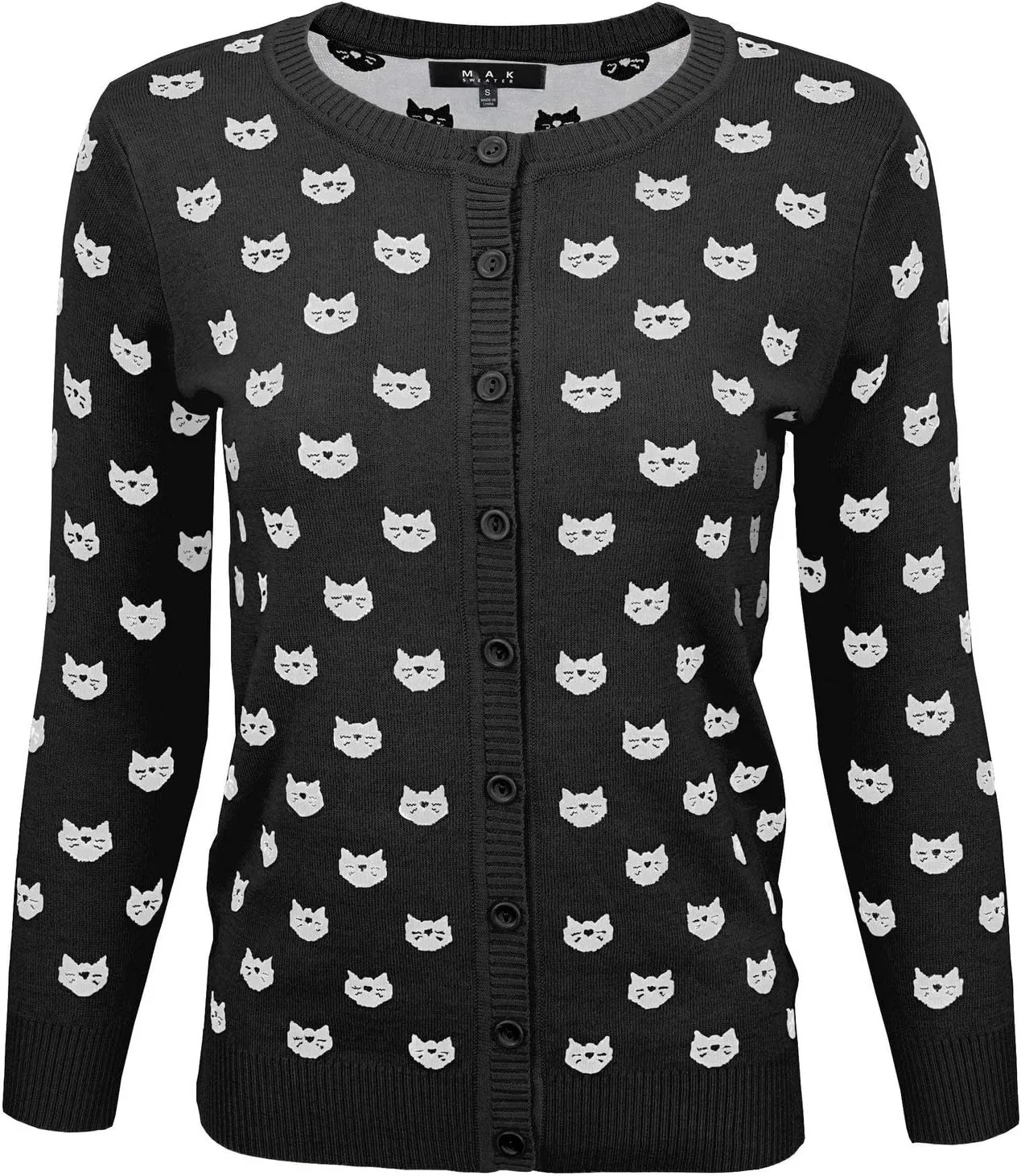 YEMAK Women's Knit Cardigan Sweater  3/4 Sleeve Button Down Crewneck Cute Cat Dog Pattern Casual Lightweight Knitted Top
