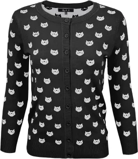 YEMAK Women's Knit Cardigan Sweater  3/4 Sleeve Button Down Crewneck Cute Cat Dog Pattern Casual Lightweight Knitted Top