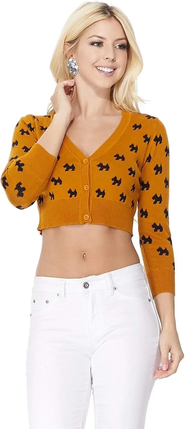 YEMAK Women's Knit Cardigan Sweater  3/4 Sleeve Button Down Crewneck Cute Cat Dog Pattern Casual Lightweight Knitted Top
