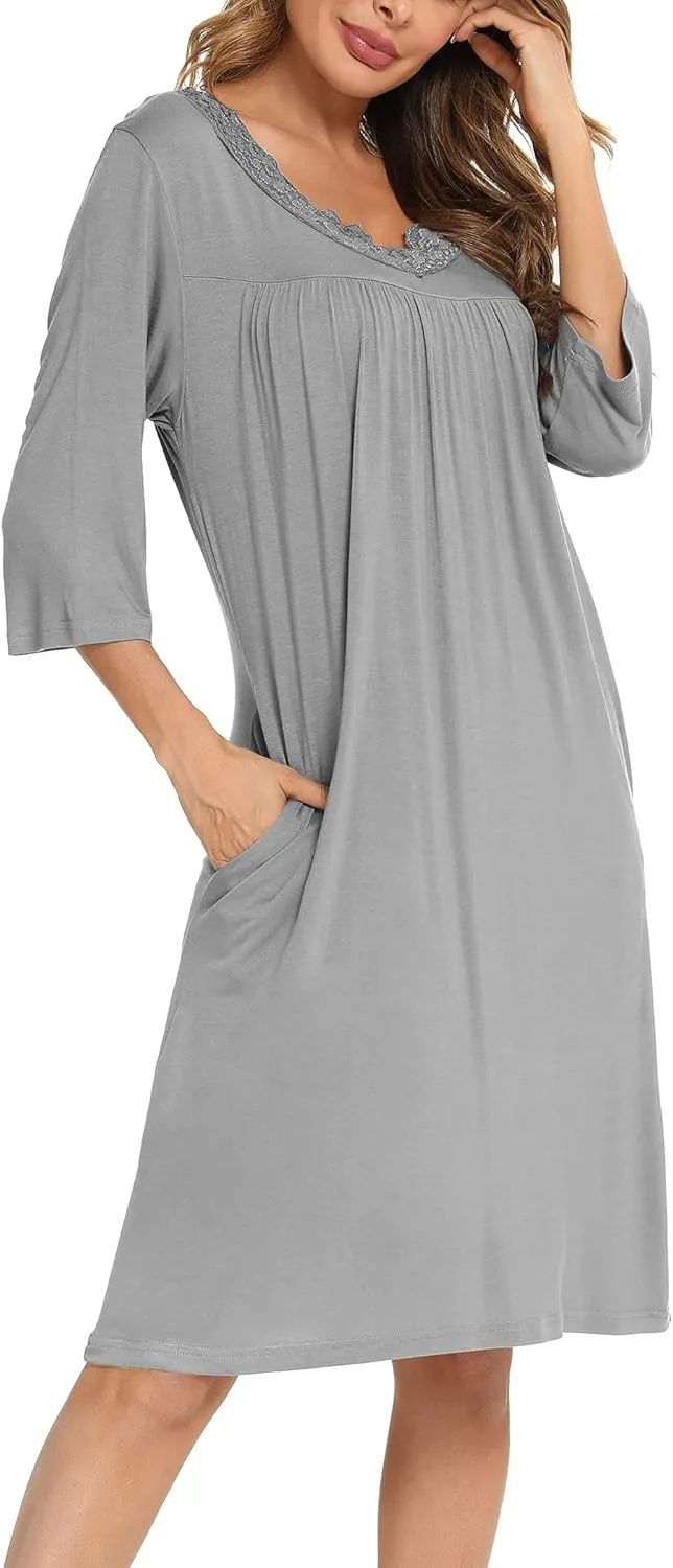 YYA Nightgowns for Women 3/4 Sleeve Sleepwear Lace Comfy Sleep Gowns Pleated V Neck Plus Size Nightshirt S-4XL