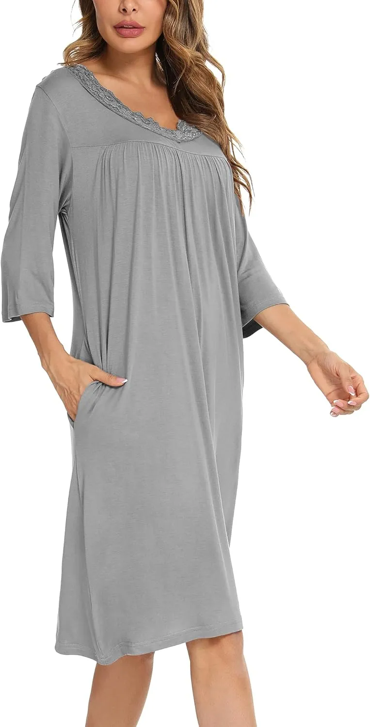 YYA Nightgowns for Women 3/4 Sleeve Sleepwear Lace Comfy Sleep Gowns Pleated V Neck Plus Size Nightshirt S-4XL