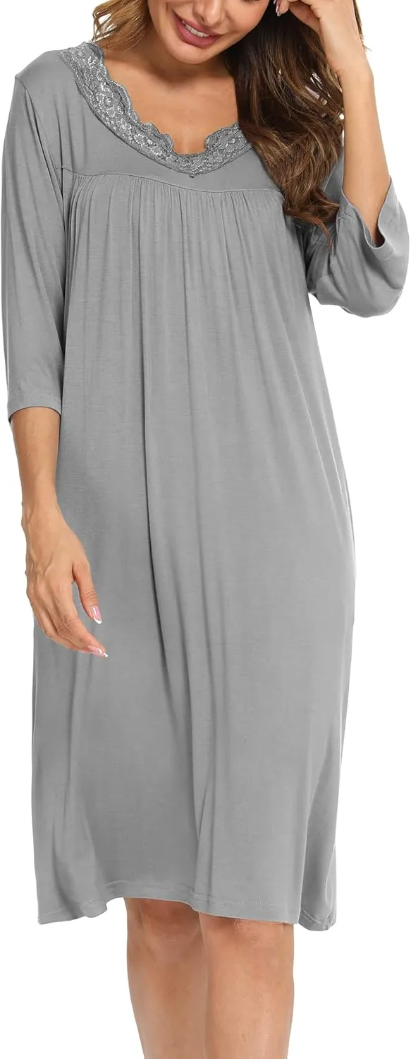 YYA Nightgowns for Women 3/4 Sleeve Sleepwear Lace Comfy Sleep Gowns Pleated V Neck Plus Size Nightshirt S-4XL