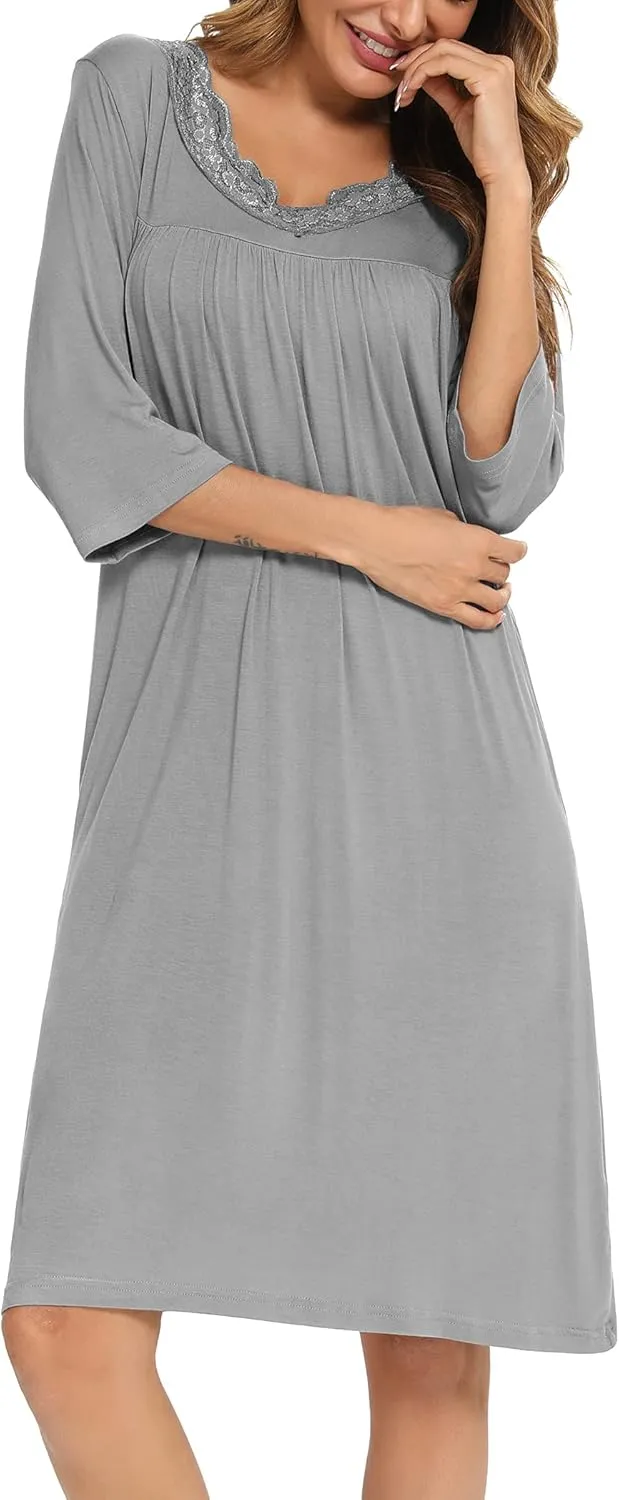 YYA Nightgowns for Women 3/4 Sleeve Sleepwear Lace Comfy Sleep Gowns Pleated V Neck Plus Size Nightshirt S-4XL