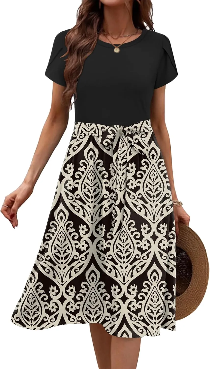 Zeagoo Womens Midi Dress Summer Short Sleeve Dress with Pockets 2025 Casual Floral T-Shirt Dress Flowy Beach Sundress
