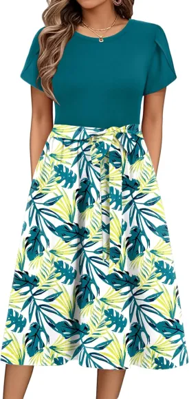 Zeagoo Womens Midi Dress Summer Short Sleeve Dress with Pockets 2025 Casual Floral T-Shirt Dress Flowy Beach Sundress