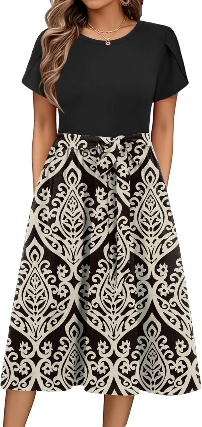 Zeagoo Womens Midi Dress Summer Short Sleeve Dress with Pockets 2025 Casual Floral T-Shirt Dress Flowy Beach Sundress