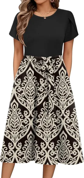 Zeagoo Womens Midi Dress Summer Short Sleeve Dress with Pockets 2025 Casual Floral T-Shirt Dress Flowy Beach Sundress