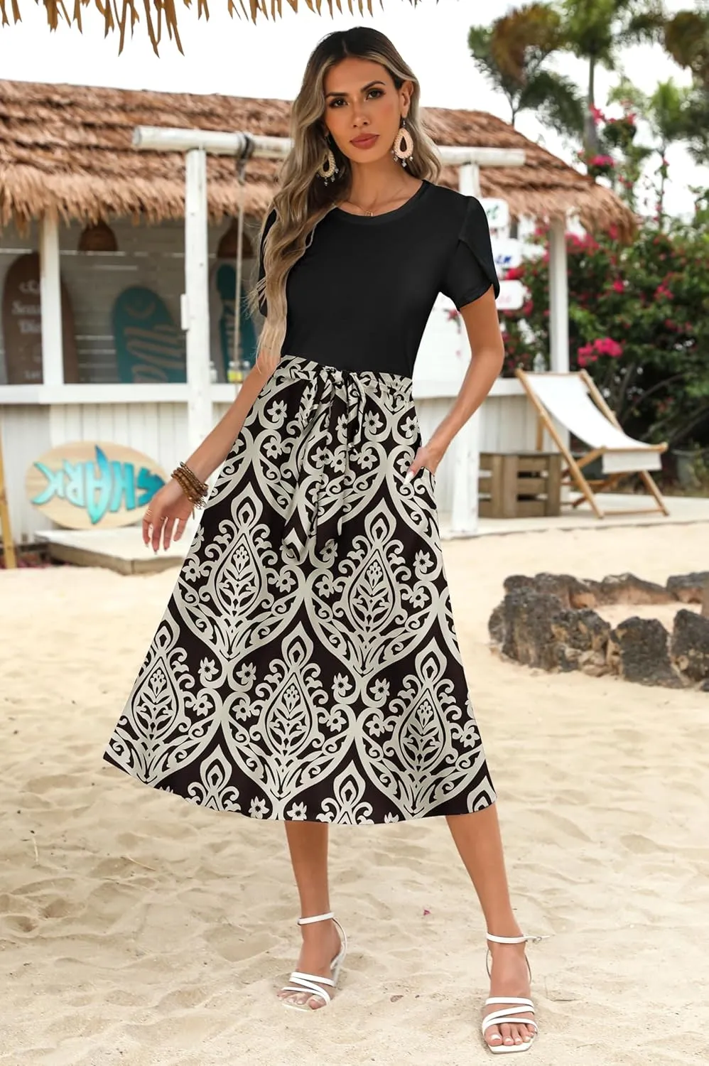 Zeagoo Womens Midi Dress Summer Short Sleeve Dress with Pockets 2025 Casual Floral T-Shirt Dress Flowy Beach Sundress