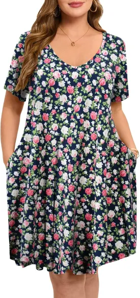ZENNILO Women's Plus Size Swing Dress with Pockets Casual Summer Dresses V Neck Short Sleeve T Shirt Dress for Women