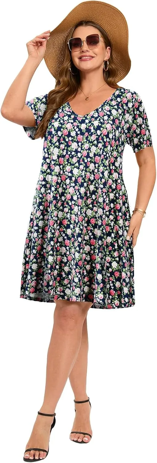 ZENNILO Women's Plus Size Swing Dress with Pockets Casual Summer Dresses V Neck Short Sleeve T Shirt Dress for Women