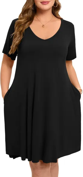 ZENNILO Women's Plus Size Swing Dress with Pockets Casual Summer Dresses V Neck Short Sleeve T Shirt Dress for Women