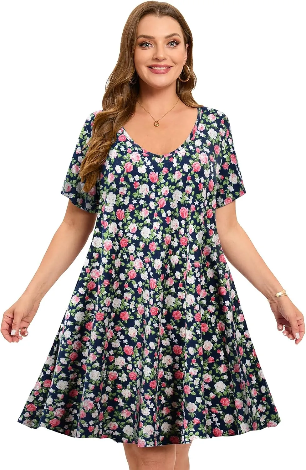 ZENNILO Women's Plus Size Swing Dress with Pockets Casual Summer Dresses V Neck Short Sleeve T Shirt Dress for Women