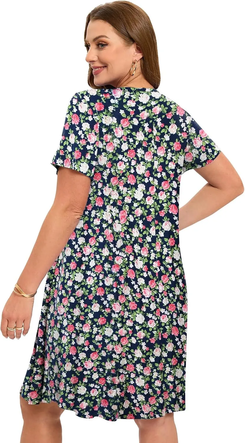 ZENNILO Women's Plus Size Swing Dress with Pockets Casual Summer Dresses V Neck Short Sleeve T Shirt Dress for Women