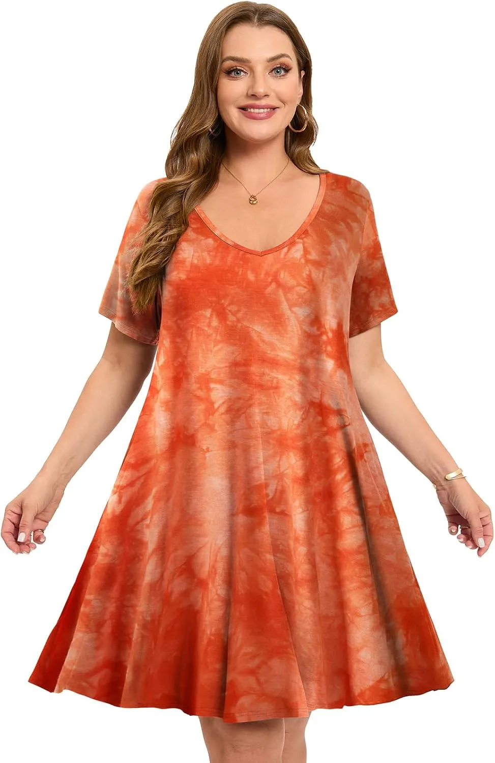 ZENNILO Women's Plus Size Swing Dress with Pockets Casual Summer Dresses V Neck Short Sleeve T Shirt Dress for Women