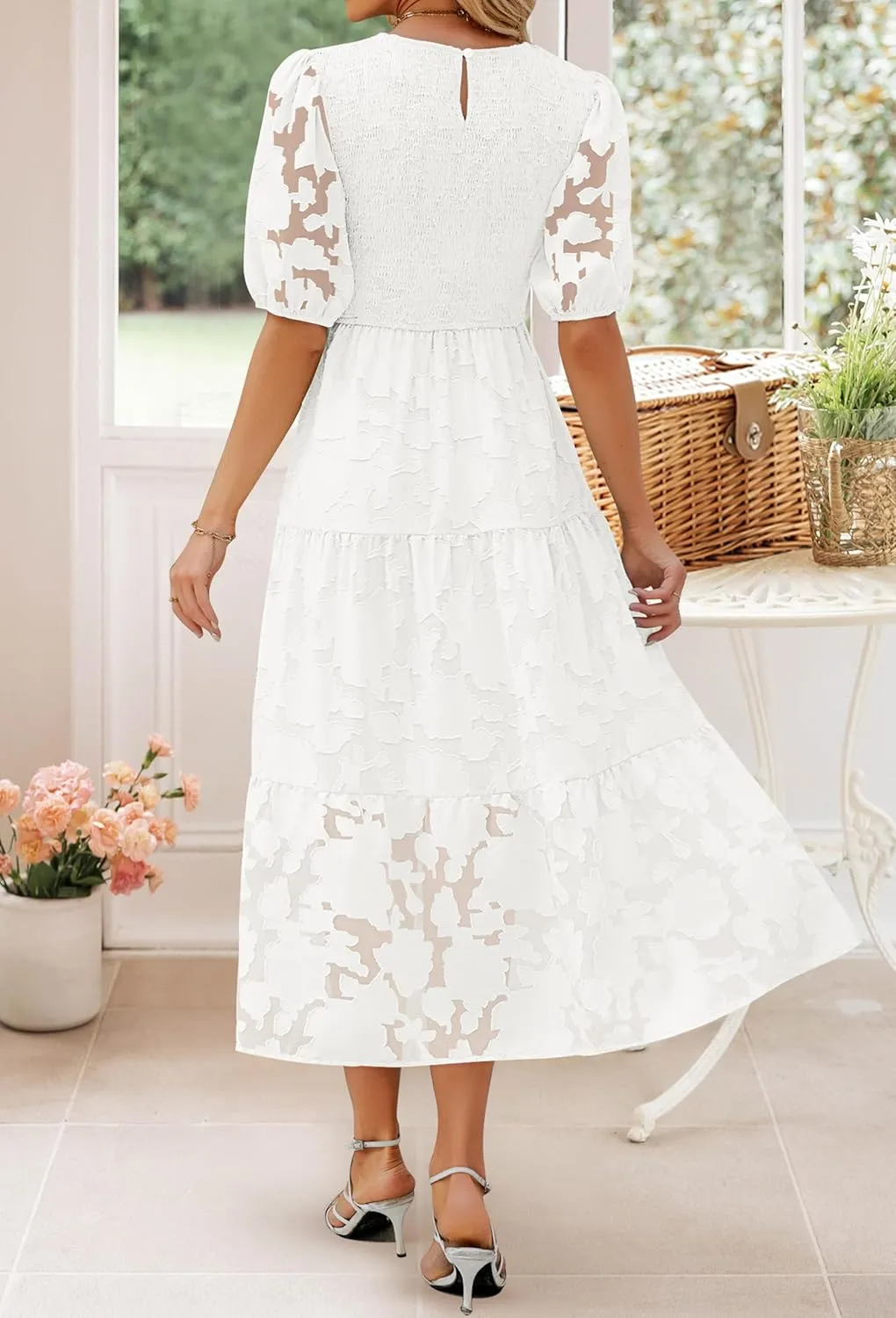 ZESICA Women's 2025 Summer Short Puff Sleeve Crewneck Smocked Floral Lace Flowy A Line Tiered Maxi Dresses