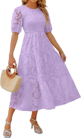 ZESICA Women's 2025 Summer Short Puff Sleeve Crewneck Smocked Floral Lace Flowy A Line Tiered Maxi Dresses