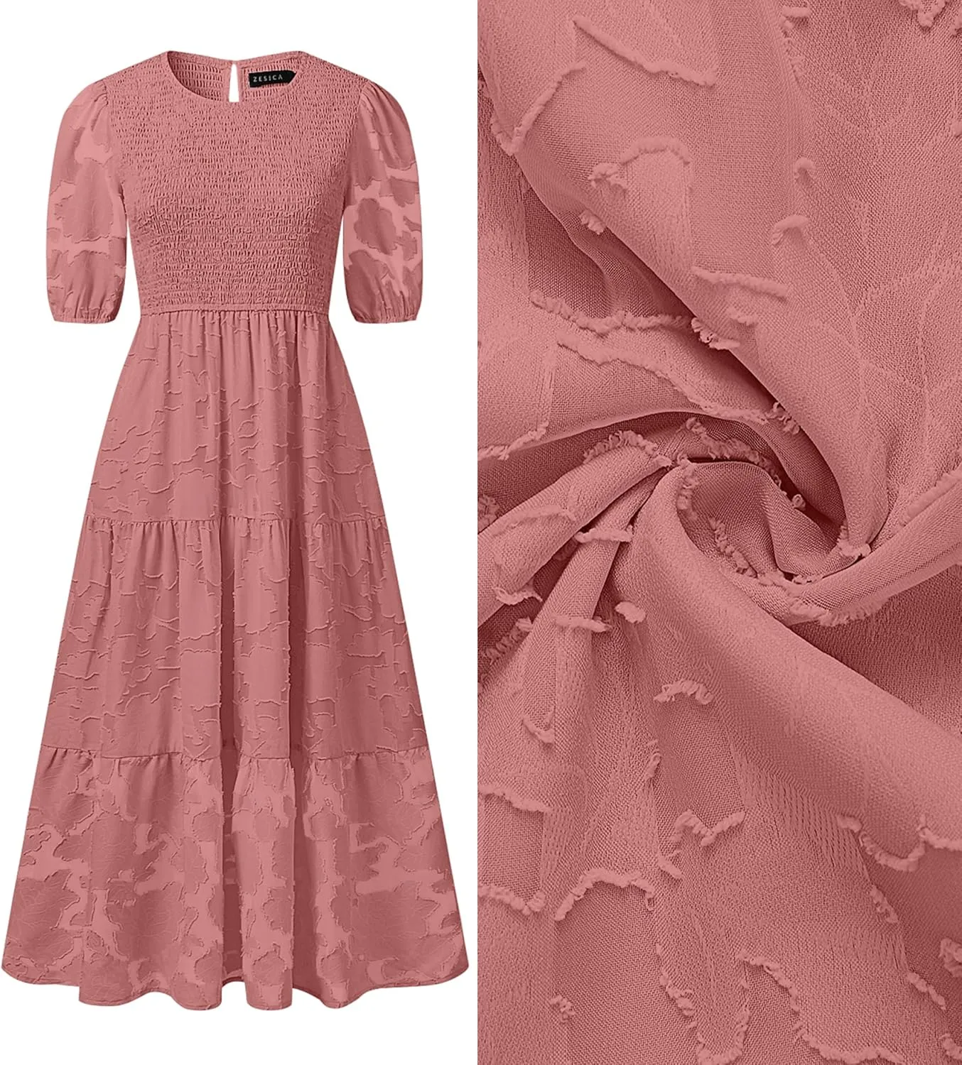 ZESICA Women's 2025 Summer Short Puff Sleeve Crewneck Smocked Floral Lace Flowy A Line Tiered Maxi Dresses