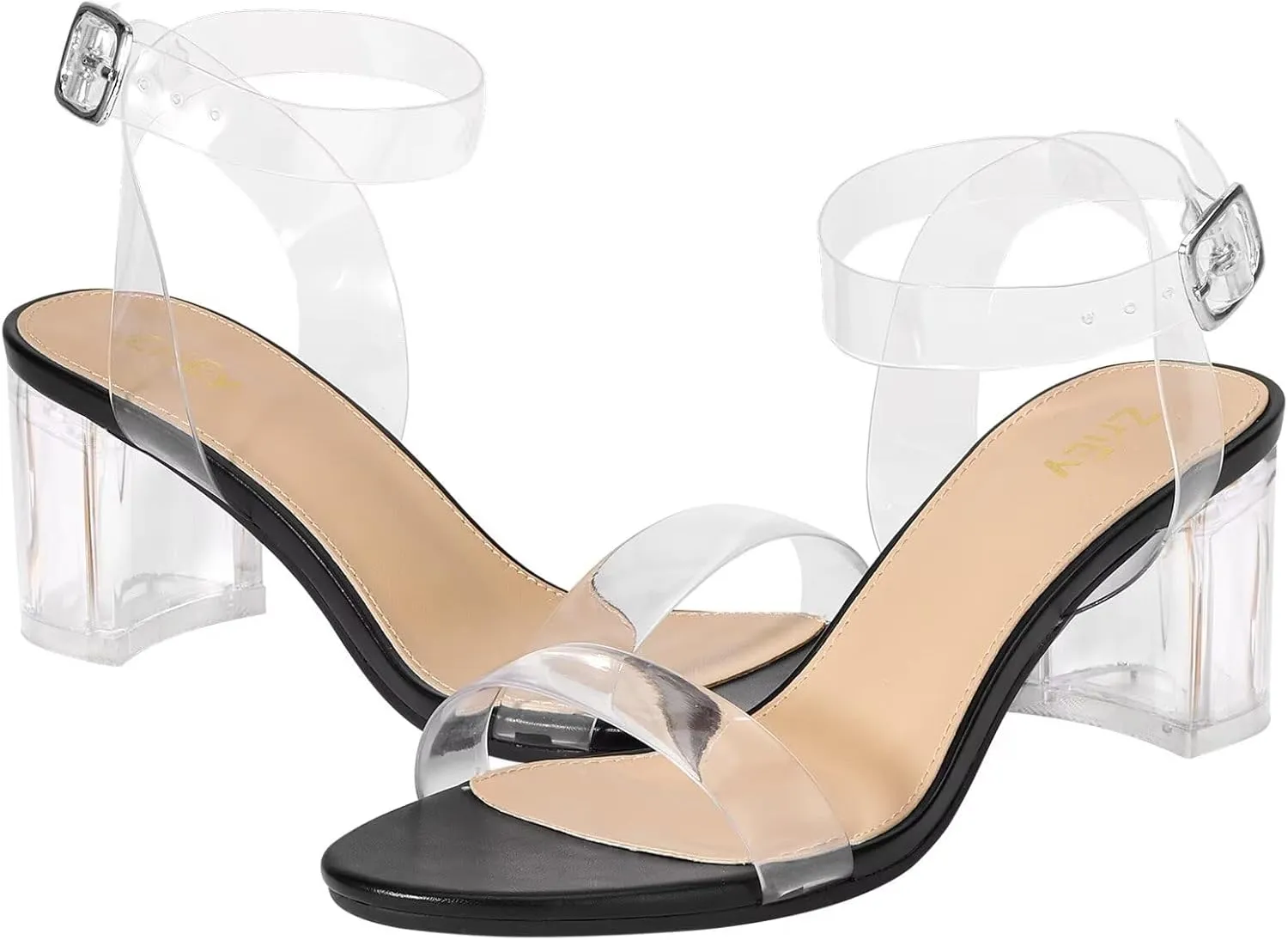 ZriEy Women's Clear Heels Strappy Chunky Block Heeled Sandals 2.2 Inch Open Toe Adjustable Ankle Strap Pump Sandals for Weddings Parties Daily Wear