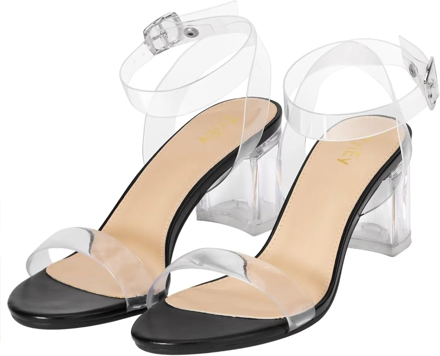 ZriEy Women's Clear Heels Strappy Chunky Block Heeled Sandals 2.2 Inch Open Toe Adjustable Ankle Strap Pump Sandals for Weddings Parties Daily Wear